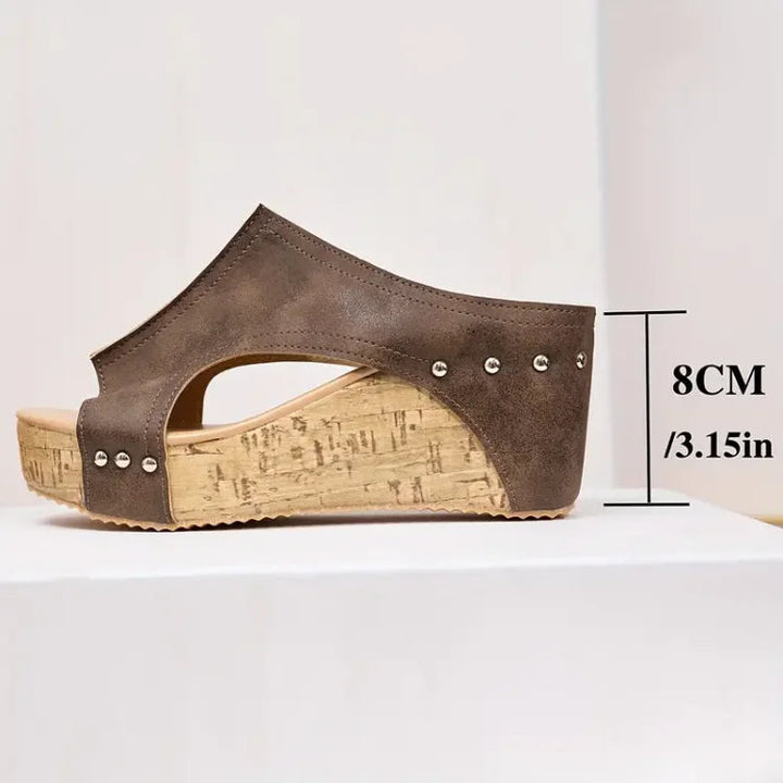Women's Open Toe Cork Wedge Mule Sandals with Stud Detail and Side Cut-Out