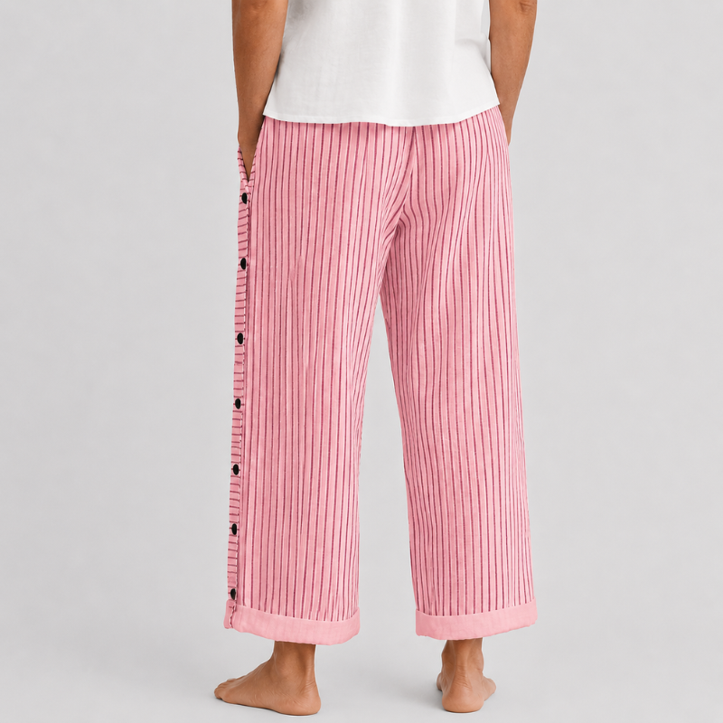 Women's Wide Leg Striped Pants with Side Button Detail and Roll-Up Hem