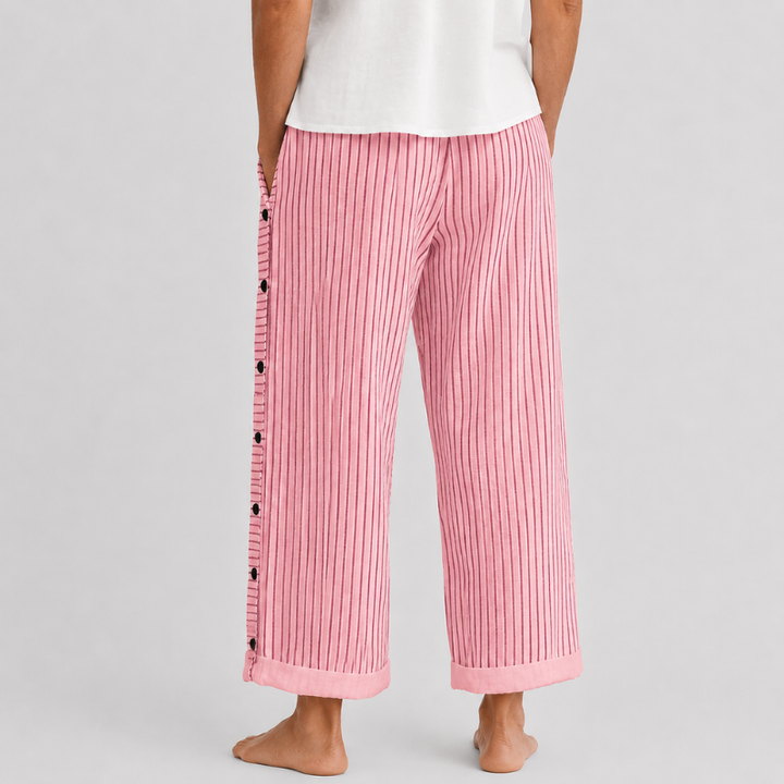Women's Wide Leg Striped Pants with Side Button Detail and Roll-Up Hem