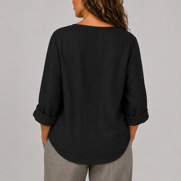 Women's Linen V-Neck Blouse Rolled Sleeve Single Button