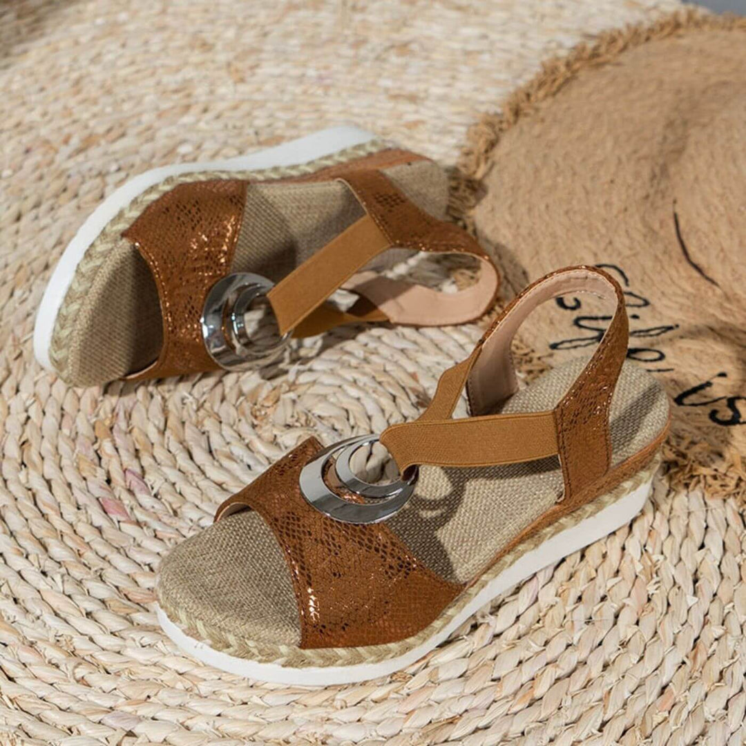 Women's Open Toe Espadrille Platform Sandals with Woven Strap and Metal Detail