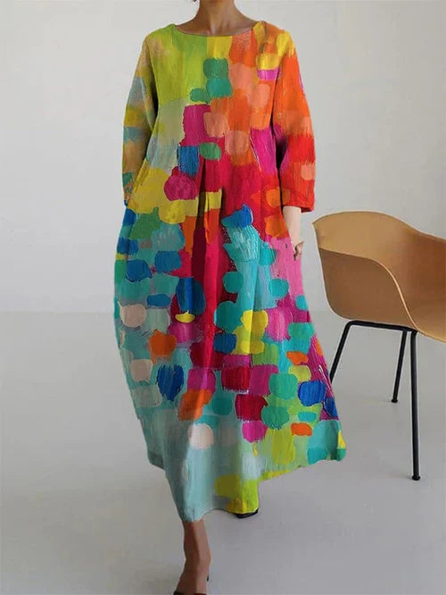 Women's Abstract Floral Print Maxi Dress with Scoop Neck and Loose Fit