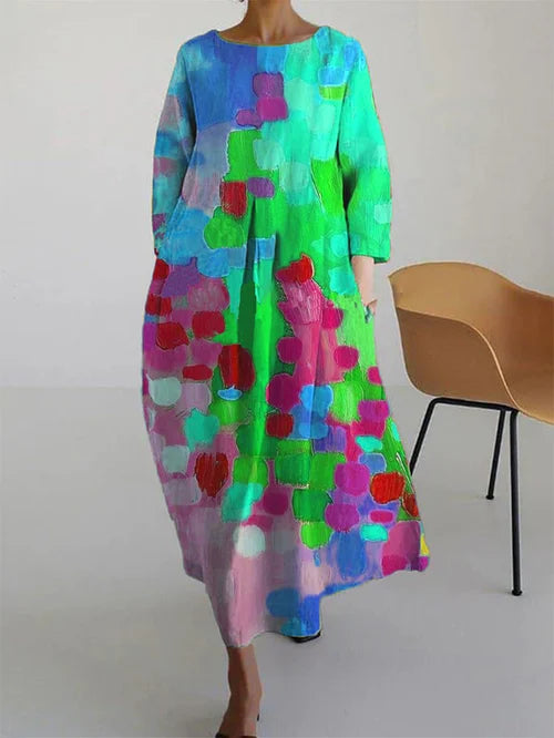 Women's Abstract Floral Print Maxi Dress with Scoop Neck and Loose Fit