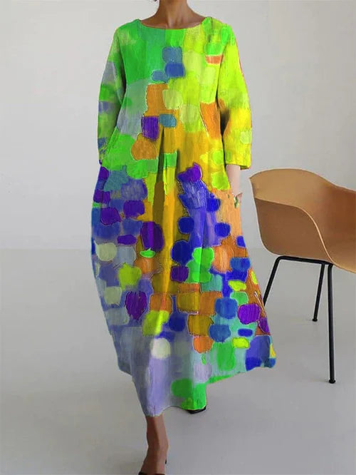 Women's Abstract Floral Print Maxi Dress with Scoop Neck and Loose Fit