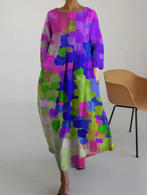 Women's Abstract Floral Print Maxi Dress with Scoop Neck and Loose Fit