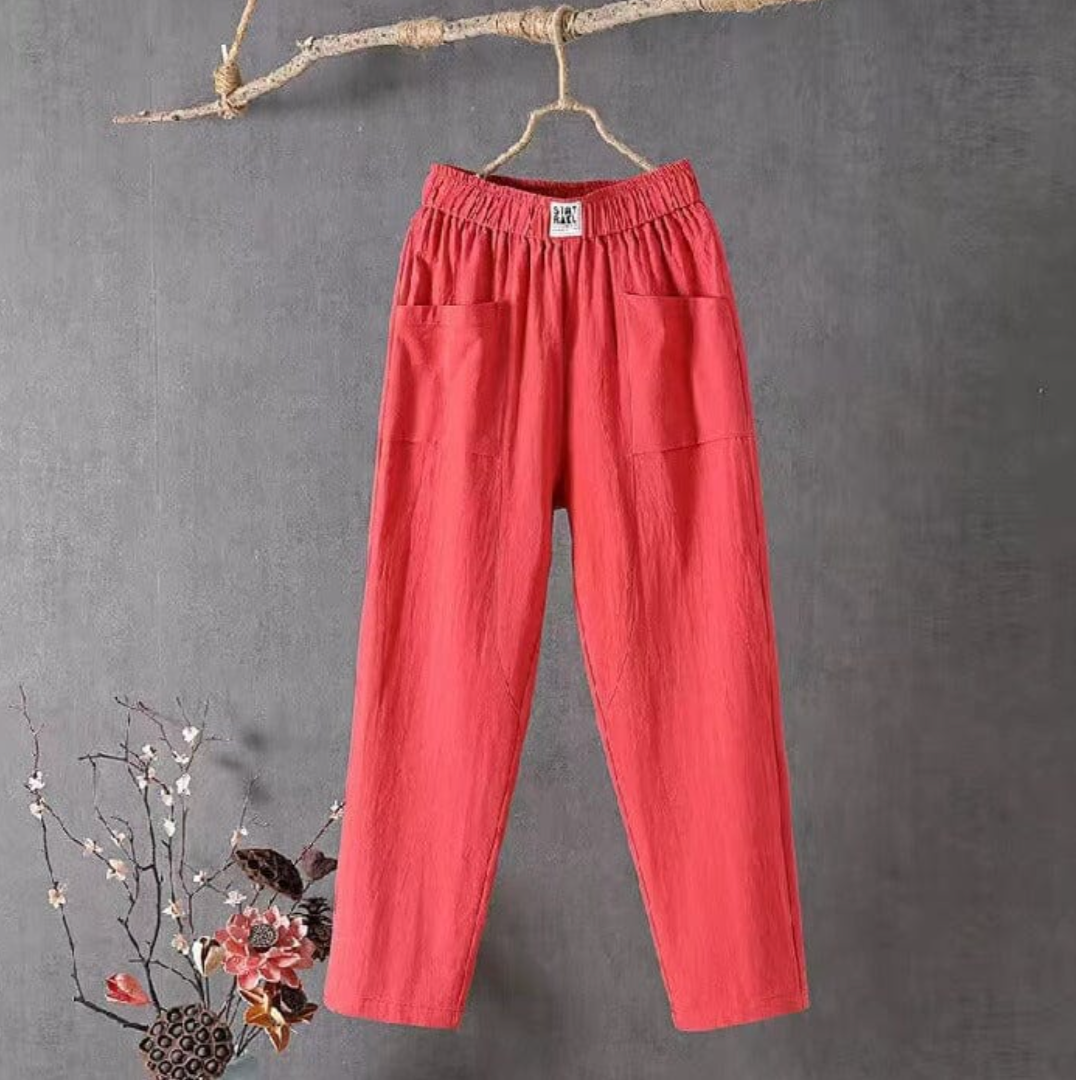 Women's Linen Elastic Waist Pants Wide Leg Pockets Summer
