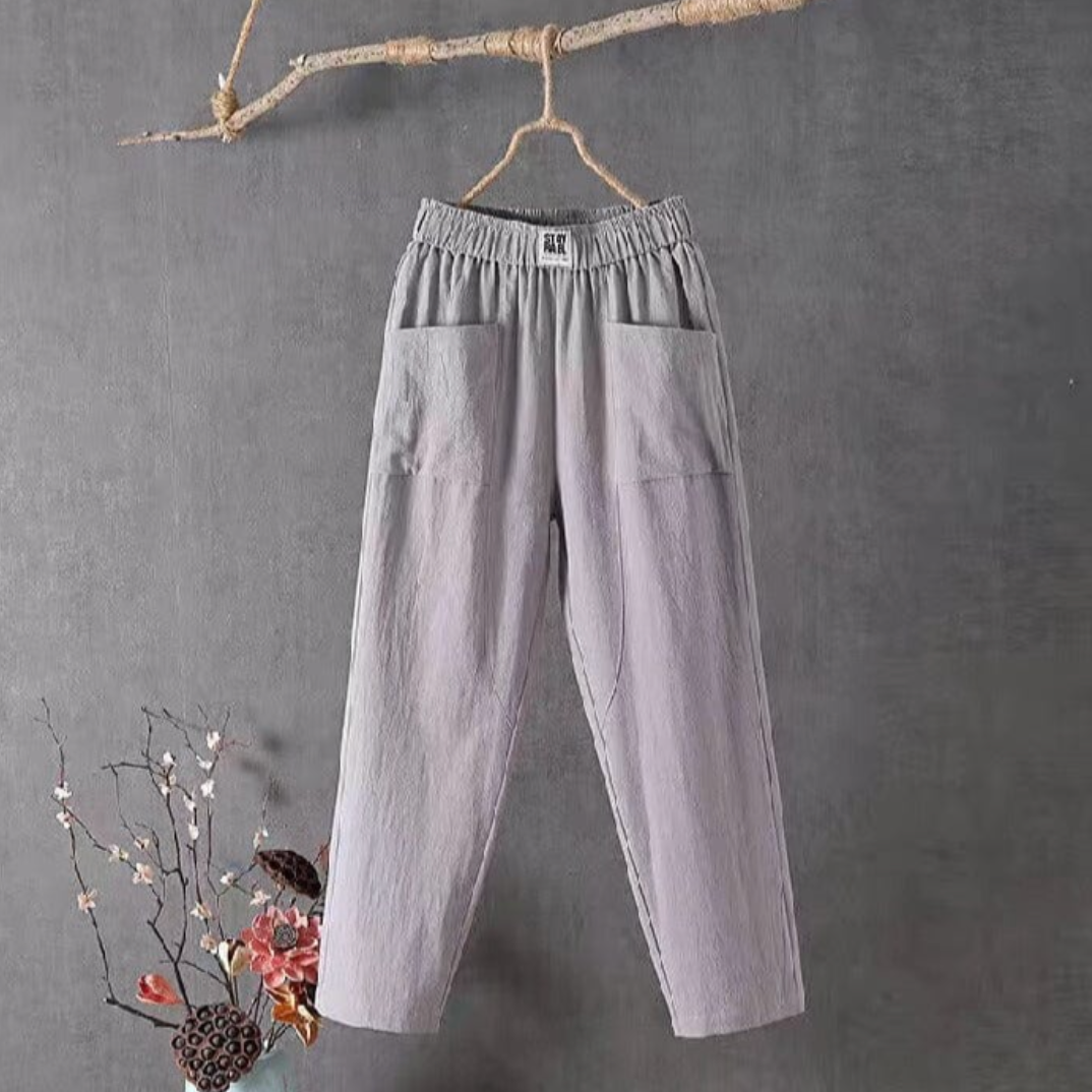 Women's Linen Elastic Waist Pants Wide Leg Pockets Summer