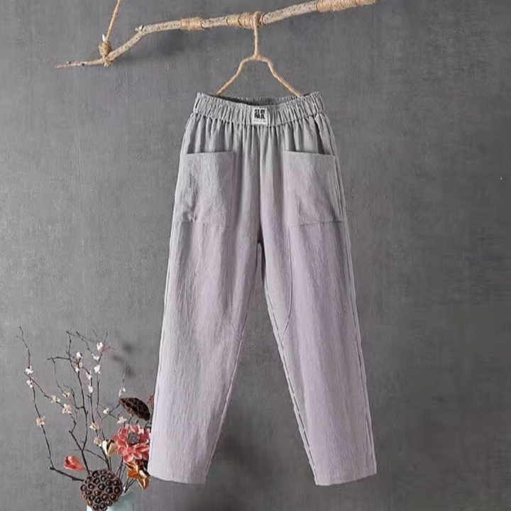 Women's Linen Elastic Waist Pants Wide Leg Pockets Summer