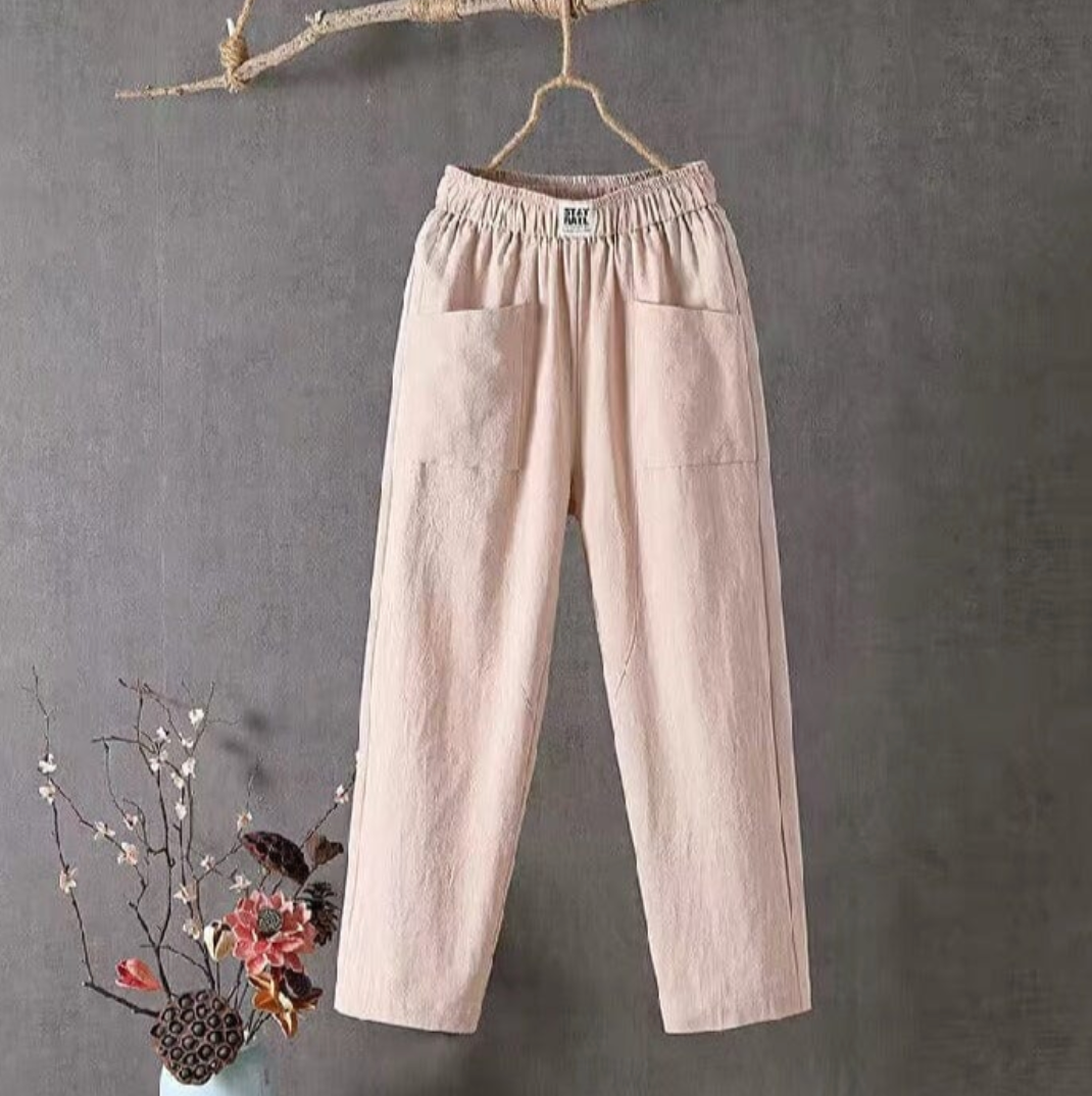 Women's Linen Elastic Waist Pants Wide Leg Pockets Summer