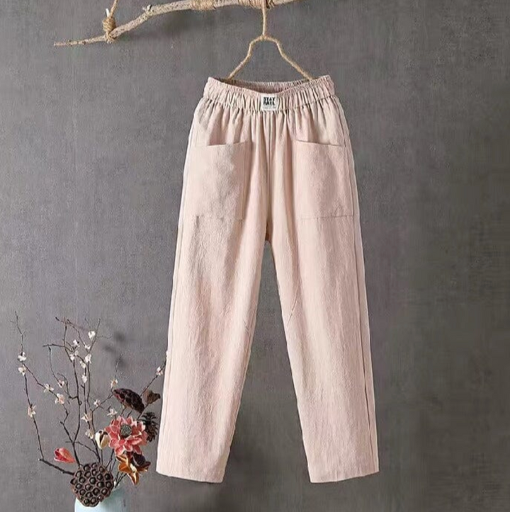 Women's Linen Elastic Waist Pants Wide Leg Pockets Summer