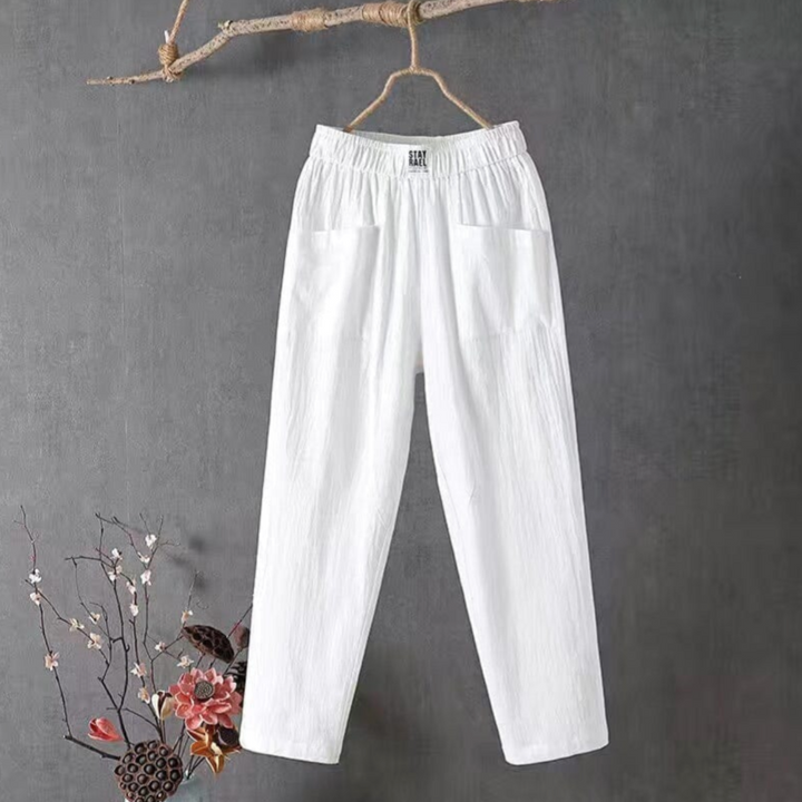 Women's Linen Elastic Waist Pants Wide Leg Pockets Summer