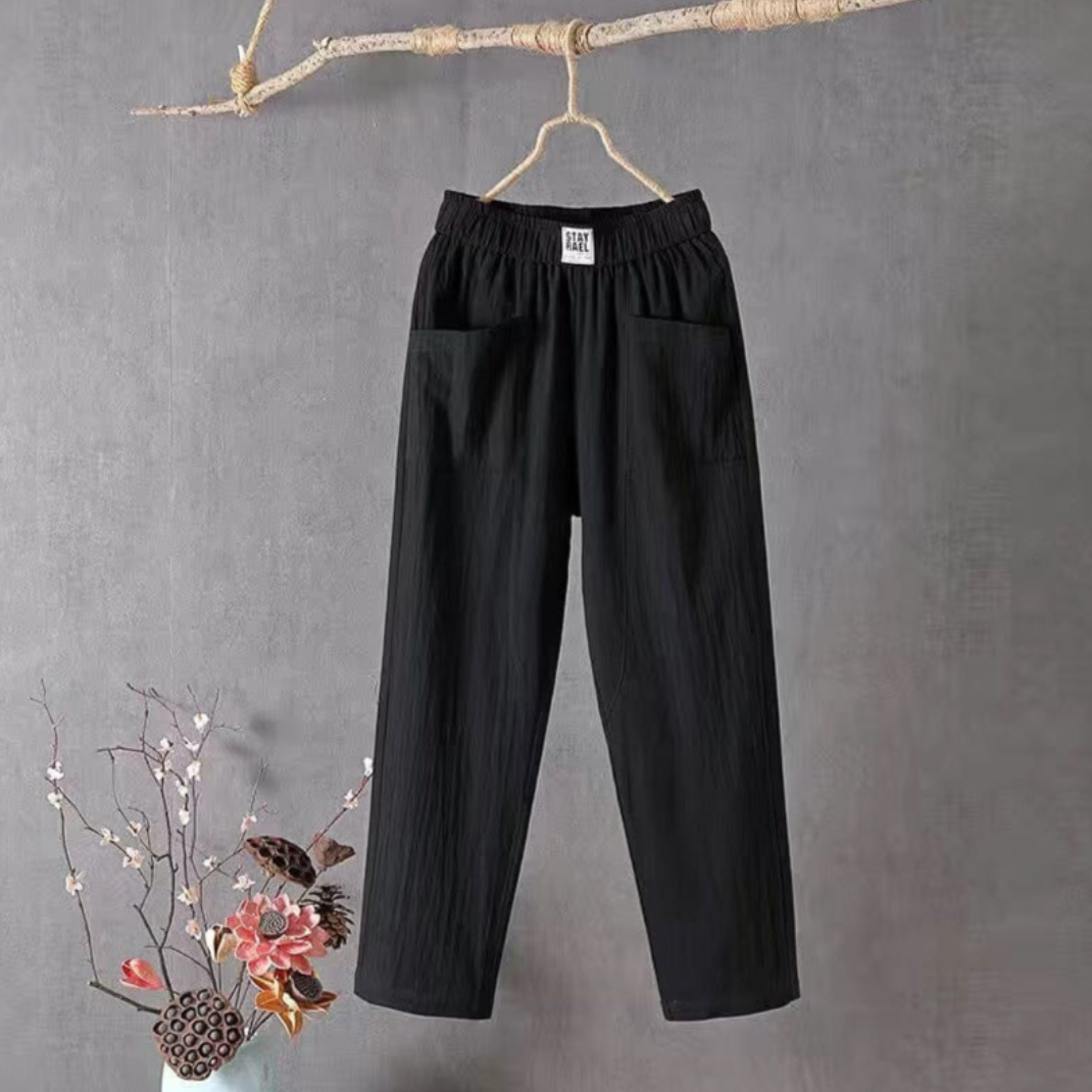 Women's Linen Elastic Waist Pants Wide Leg Pockets Summer