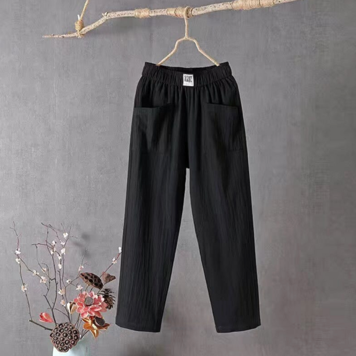Women's Linen Elastic Waist Pants Wide Leg Pockets Summer