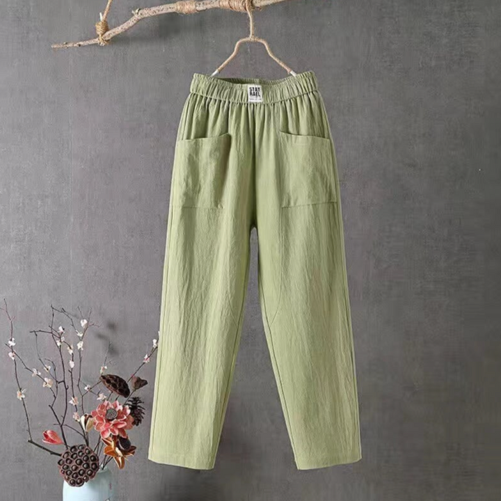 Women's Linen Elastic Waist Pants Wide Leg Pockets Summer