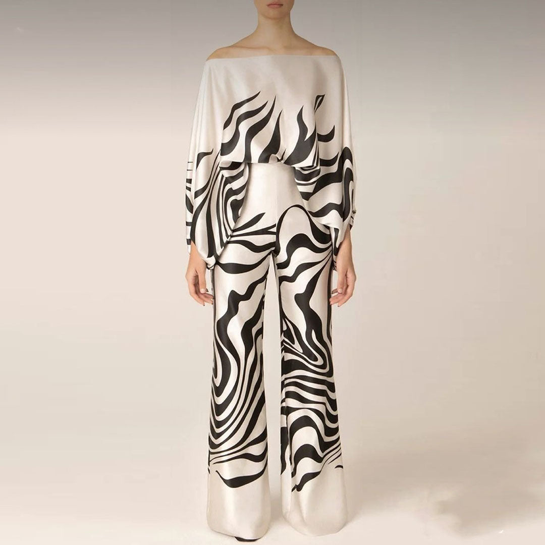 Women's Printed Two-Piece Set with One-Shoulder Top and Wide-Leg Pants