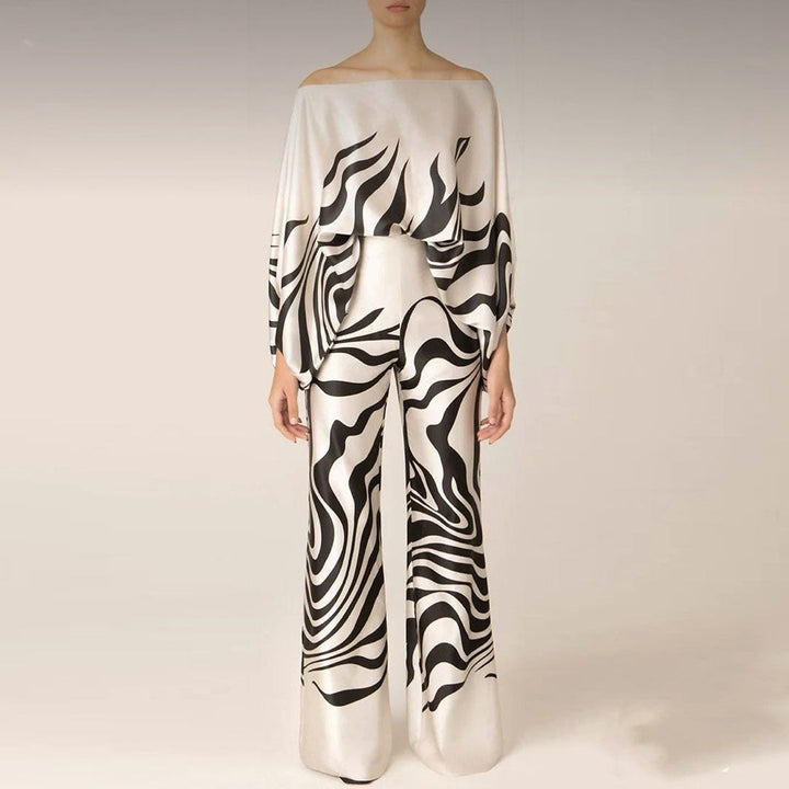 Women's Printed Two-Piece Set with One-Shoulder Top and Wide-Leg Pants