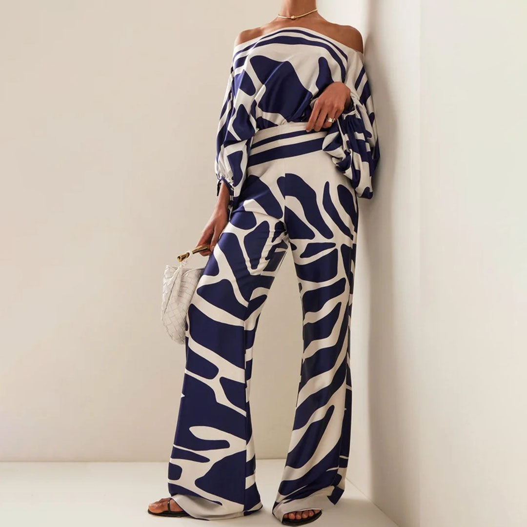 Women's Printed Two-Piece Set with One-Shoulder Top and Wide-Leg Pants