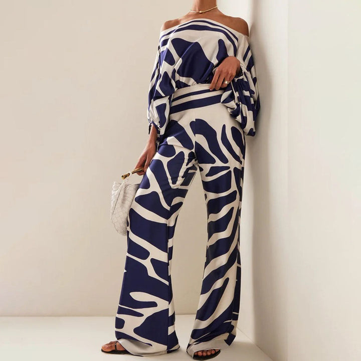 Women's Printed Two-Piece Set with One-Shoulder Top and Wide-Leg Pants