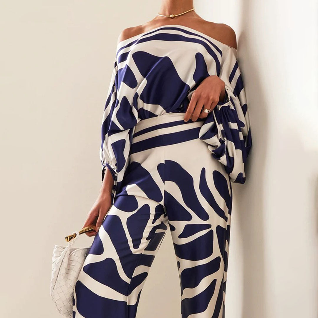 Women's Printed Two-Piece Set with One-Shoulder Top and Wide-Leg Pants