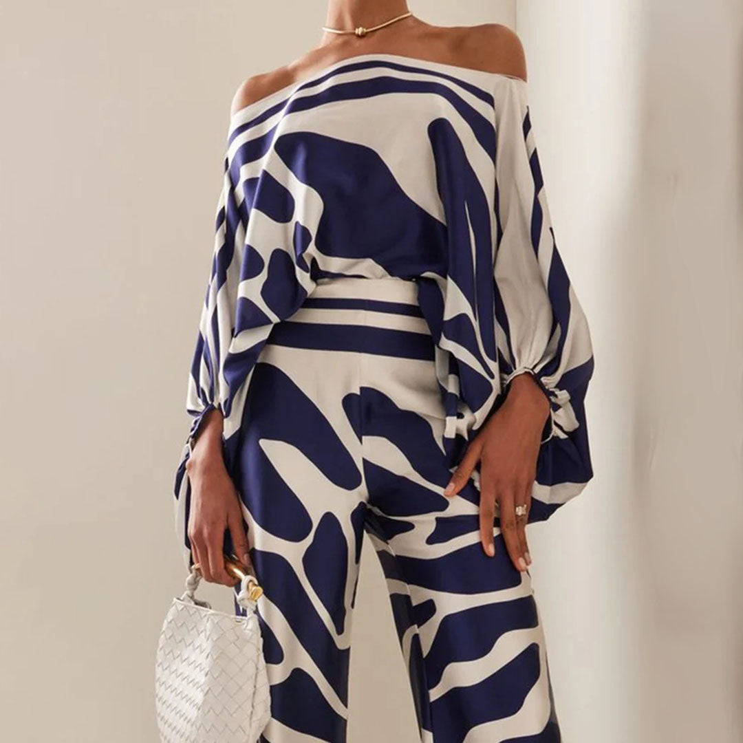 Women's Printed Two-Piece Set with One-Shoulder Top and Wide-Leg Pants