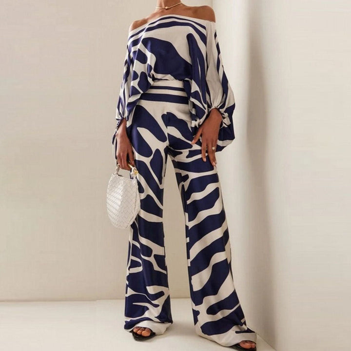 Women's Printed Two-Piece Set with One-Shoulder Top and Wide-Leg Pants