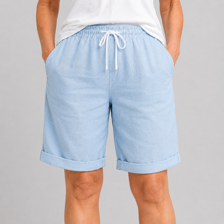 Women's Relaxed Fit Bermuda Shorts with Drawstring Waist and Rolled Cuffs