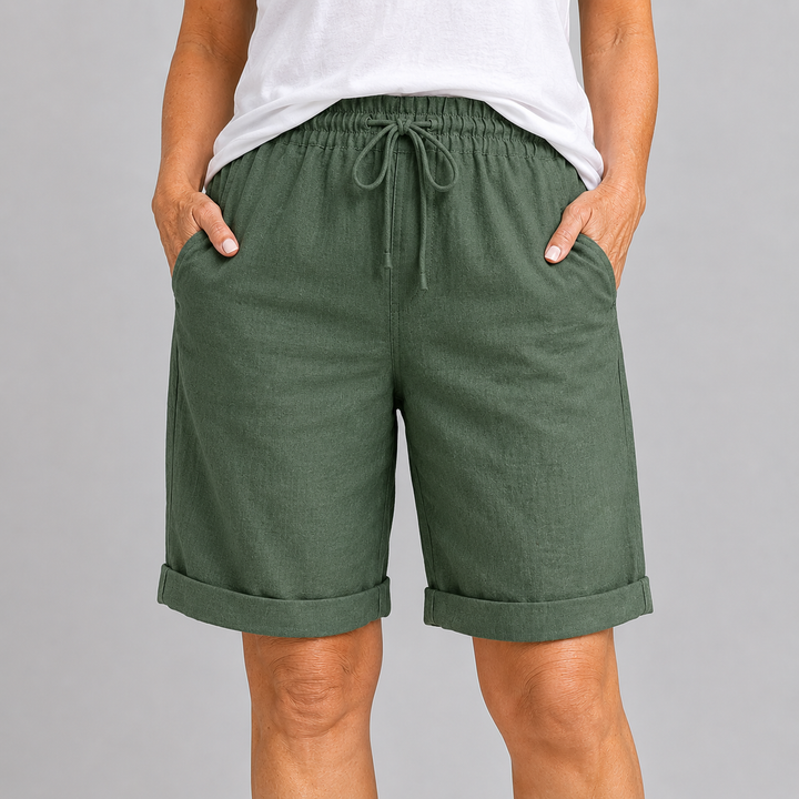 Women's Relaxed Fit Bermuda Shorts with Drawstring Waist and Rolled Cuffs