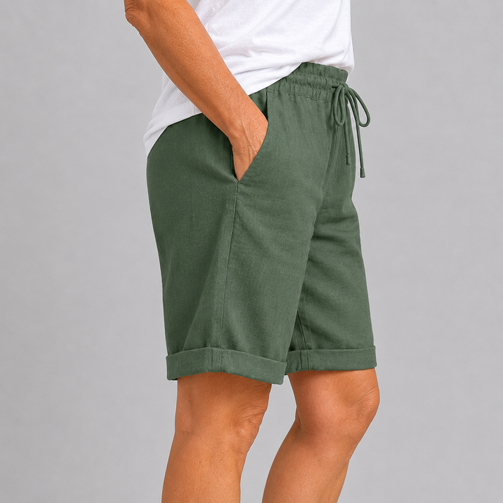 Women's Relaxed Fit Bermuda Shorts with Drawstring Waist and Rolled Cuffs