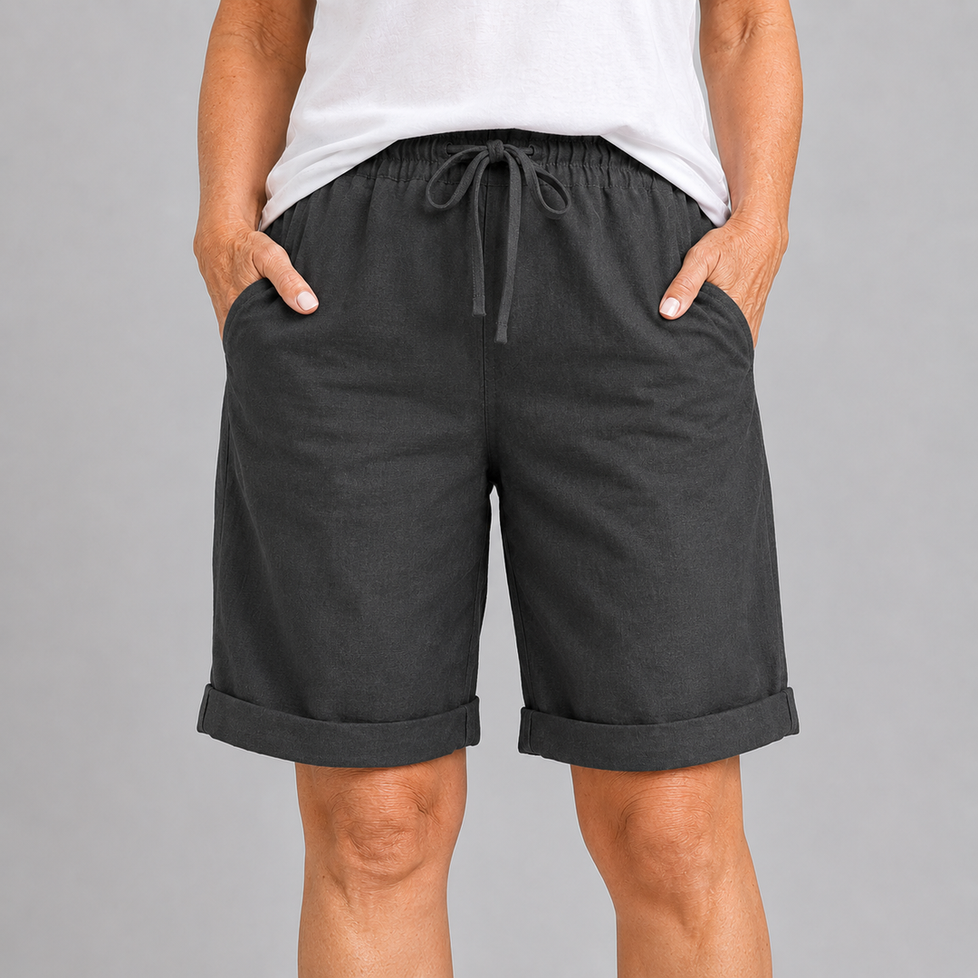 Women's Relaxed Fit Bermuda Shorts with Drawstring Waist and Rolled Cuffs