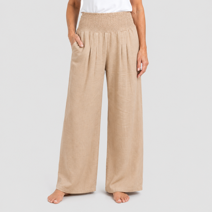 Women's Wide Leg High Rise Pants with Smocked Waist and Side Pockets