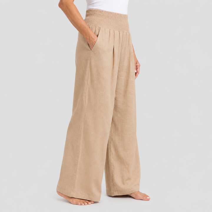 Women's Wide Leg High Rise Pants with Smocked Waist and Side Pockets