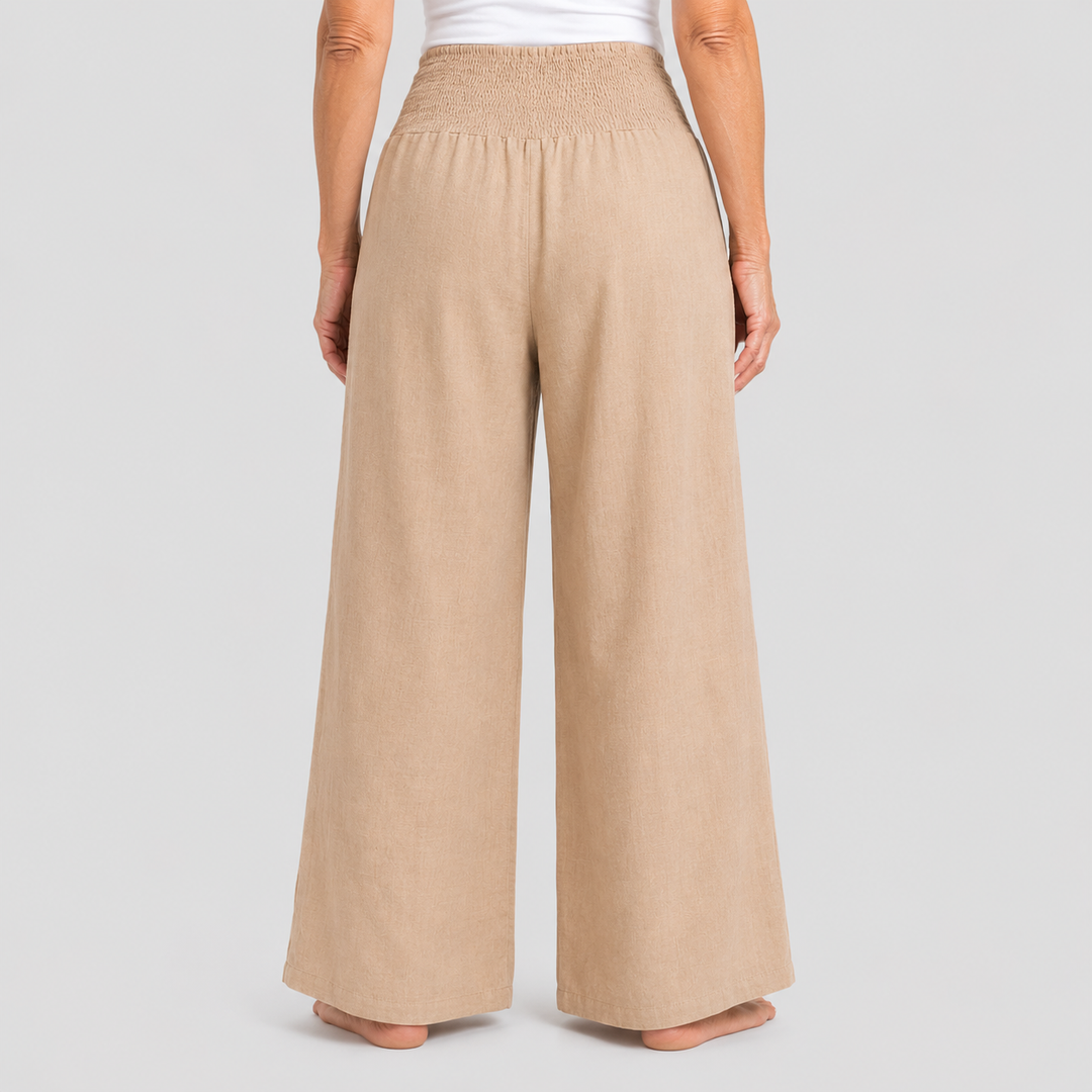 Women's Wide Leg High Rise Pants with Smocked Waist and Side Pockets