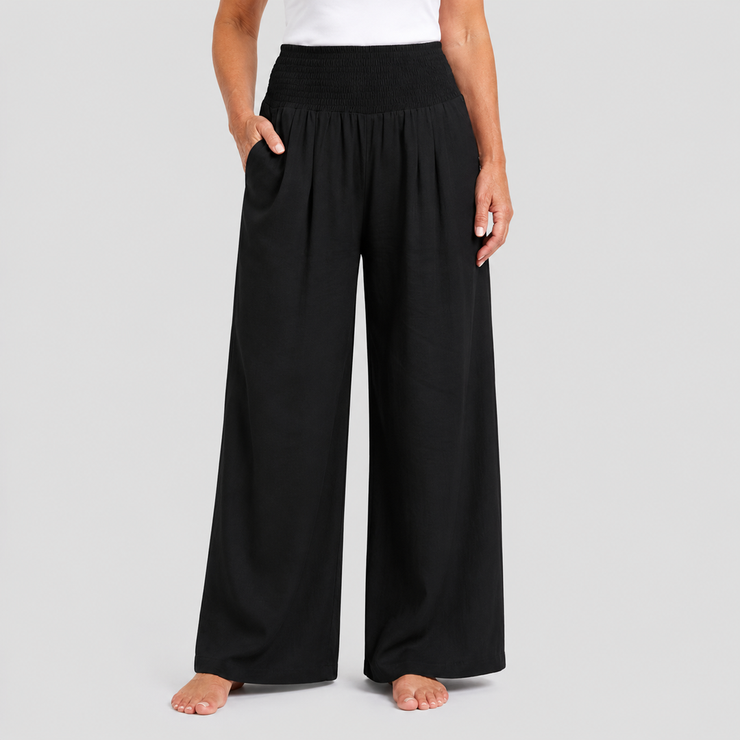 Women's Wide Leg High Rise Pants with Smocked Waist and Side Pockets