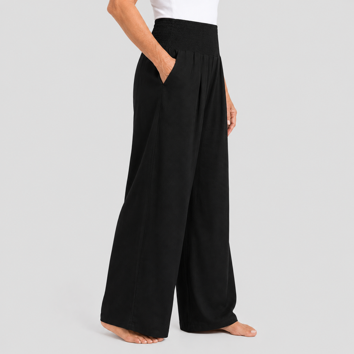 Women's Wide Leg High Rise Pants with Smocked Waist and Side Pockets