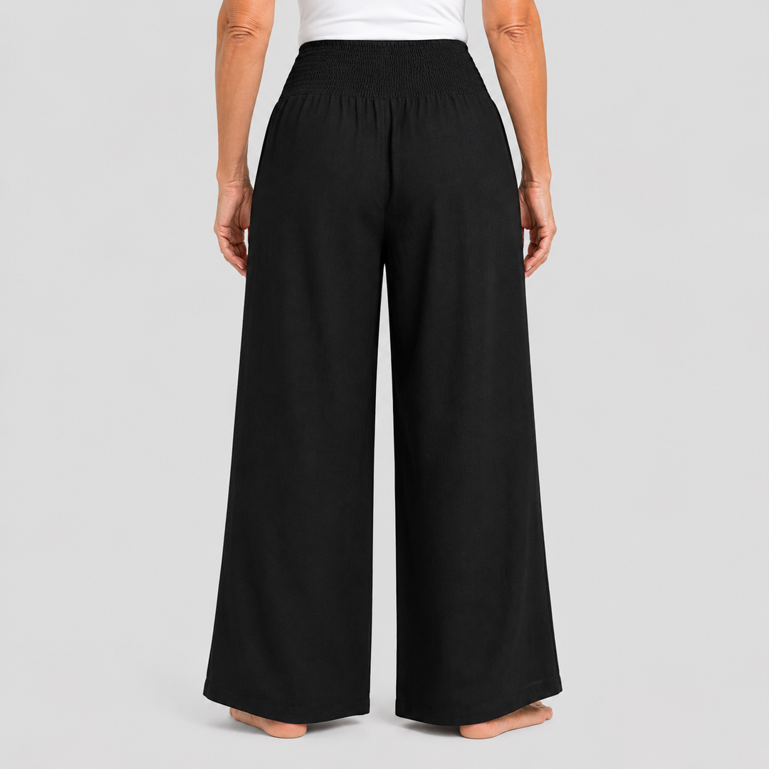 Women's Wide Leg High Rise Pants with Smocked Waist and Side Pockets