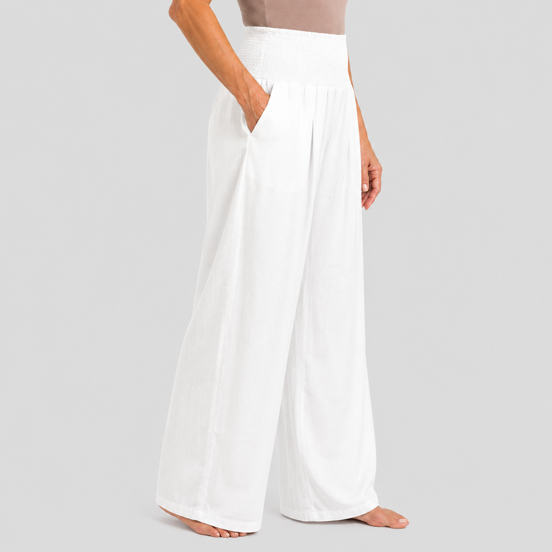 Women's Wide Leg High Rise Pants with Smocked Waist and Side Pockets