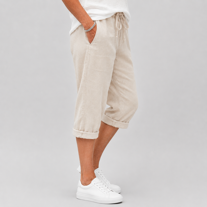 Women's Casual Cropped Pants with Elasticated Drawstring Waist and Roll-Up Hem
