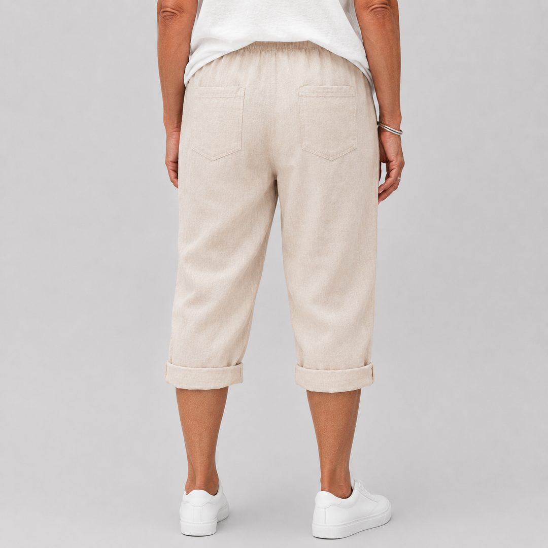 Women's Casual Cropped Pants with Elasticated Drawstring Waist and Roll-Up Hem