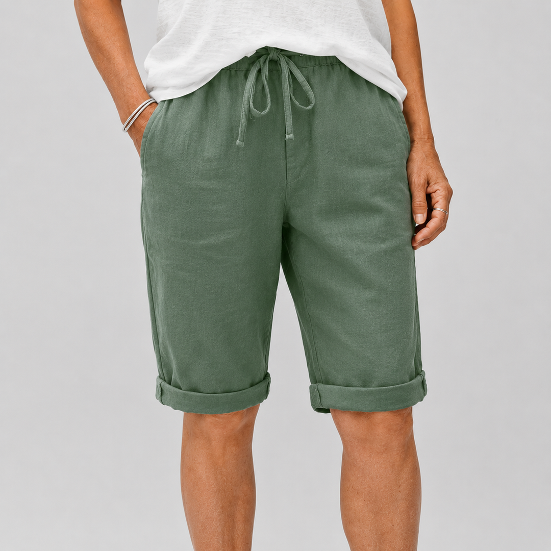 Women's Casual Cropped Pants with Elasticated Drawstring Waist and Roll-Up Hem