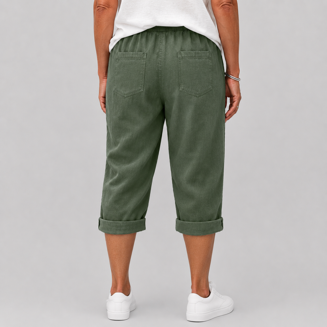Women's Casual Cropped Pants with Elasticated Drawstring Waist and Roll-Up Hem