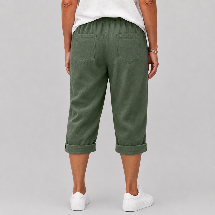 Women's Casual Cropped Pants with Elasticated Drawstring Waist and Roll-Up Hem
