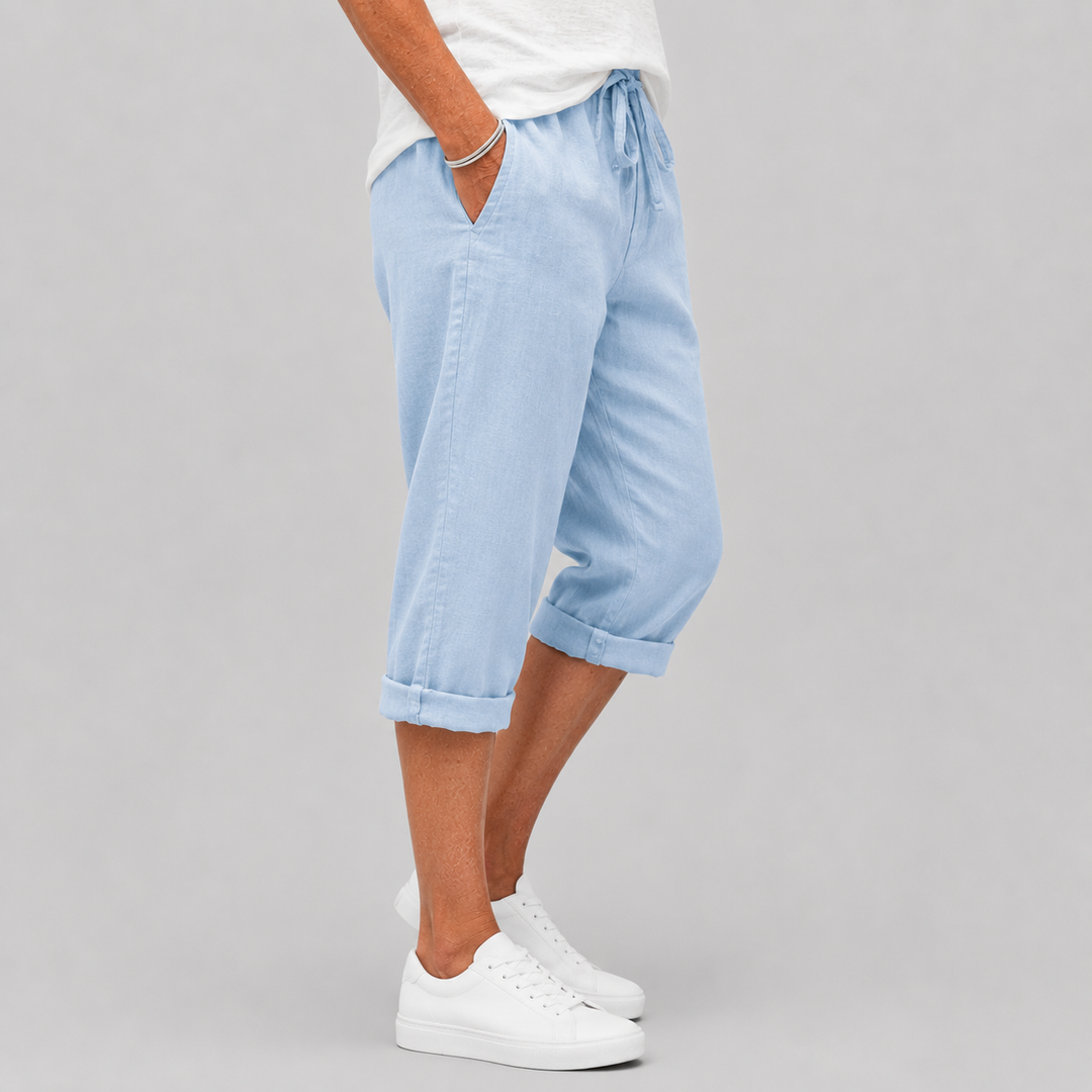Women's Casual Cropped Pants with Elasticated Drawstring Waist and Roll-Up Hem