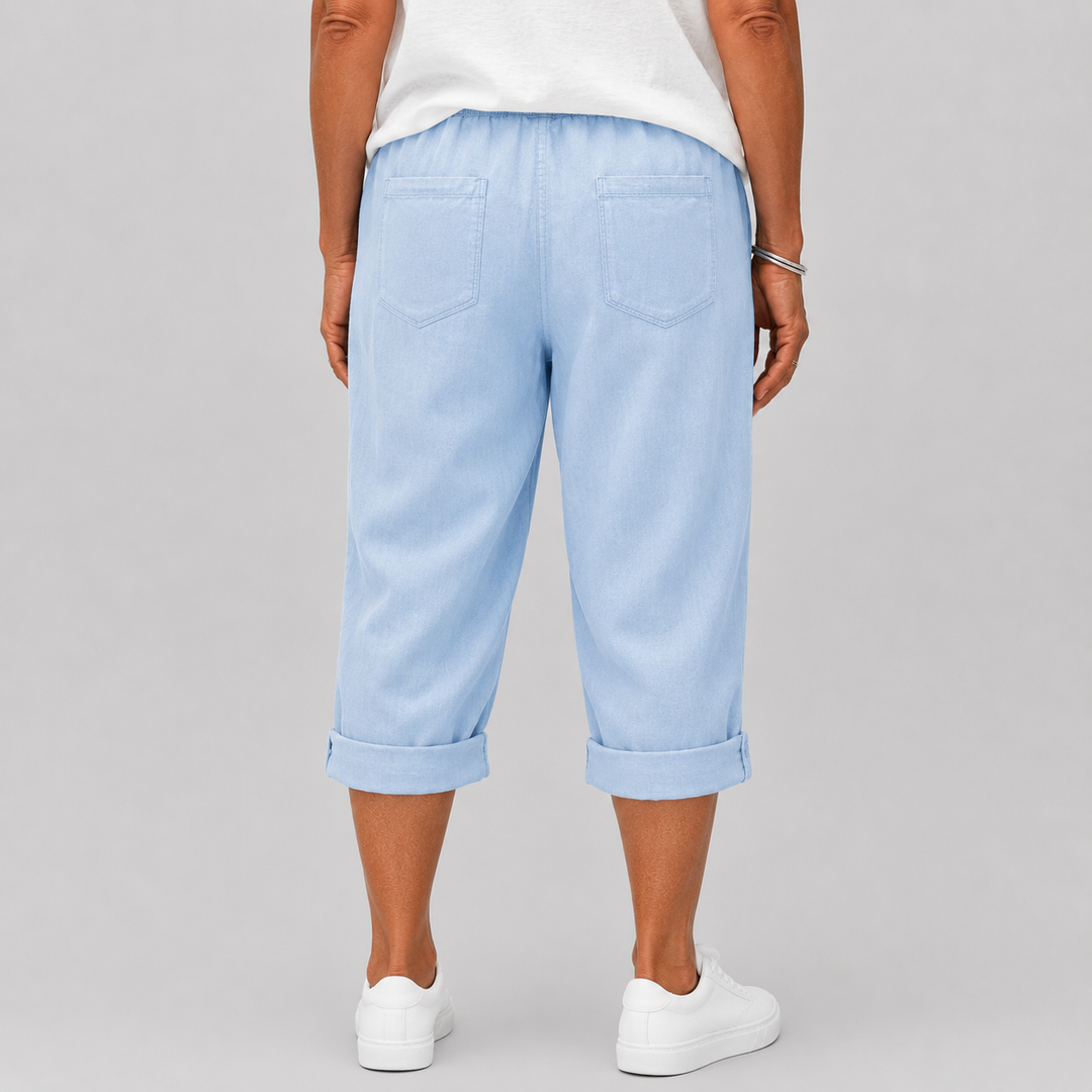 Women's Casual Cropped Pants with Elasticated Drawstring Waist and Roll-Up Hem