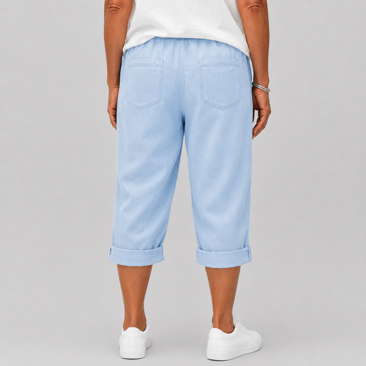 Women's Casual Cropped Pants with Elasticated Drawstring Waist and Roll-Up Hem