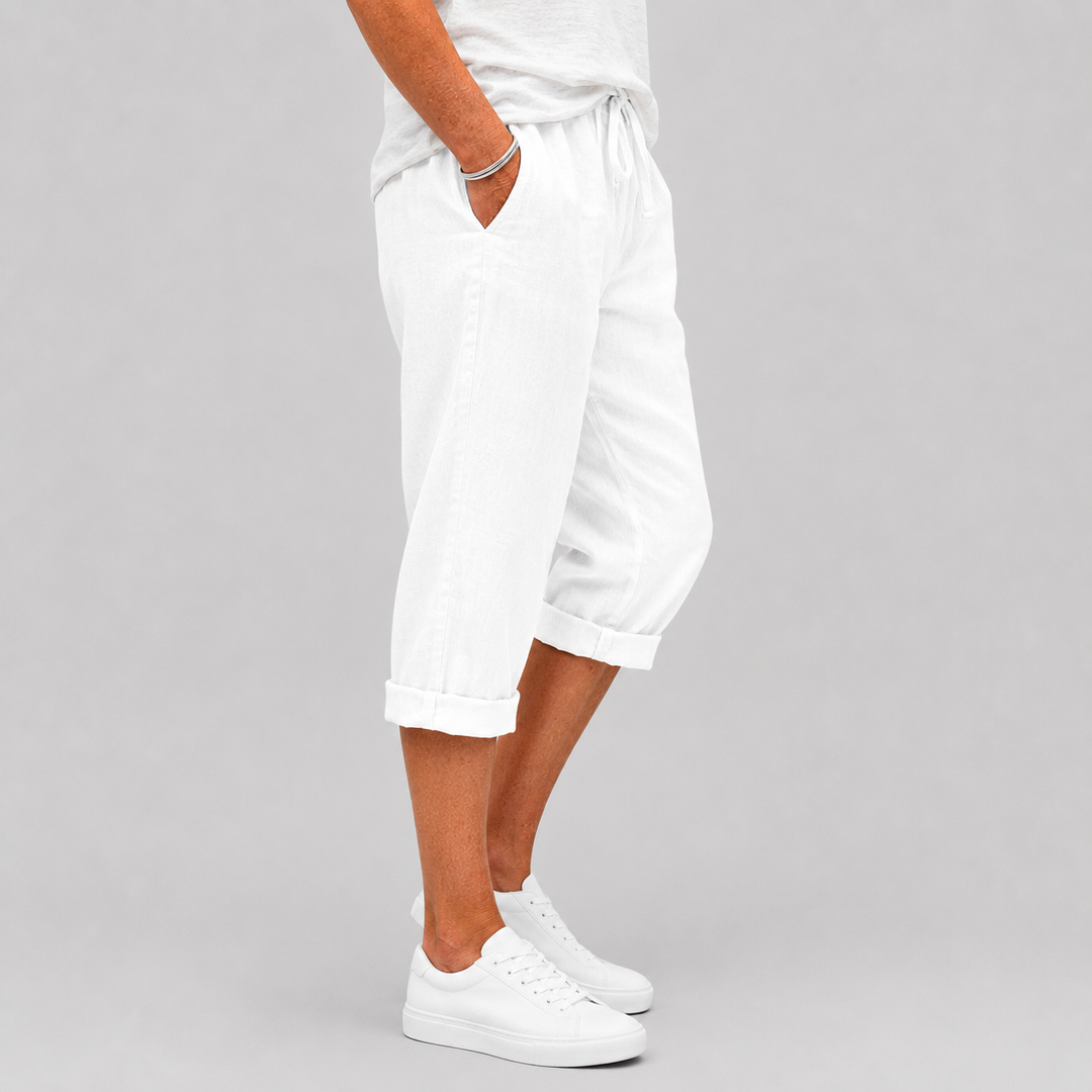 Women's Casual Cropped Pants with Elasticated Drawstring Waist and Roll-Up Hem