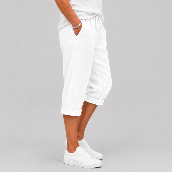 Women's Casual Cropped Pants with Elasticated Drawstring Waist and Roll-Up Hem