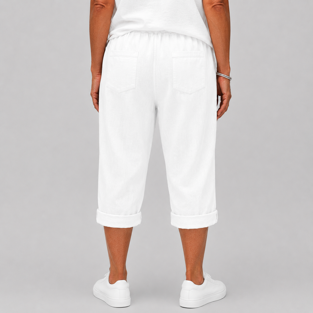 Women's Casual Cropped Pants with Elasticated Drawstring Waist and Roll-Up Hem