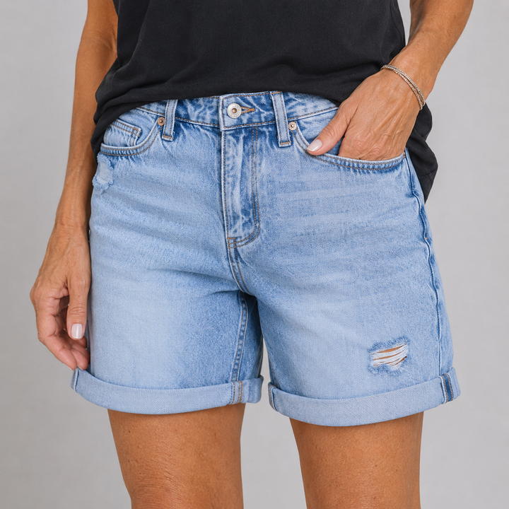 Women's High Waist Denim Shorts with Distressed Detail and Rolled Hem