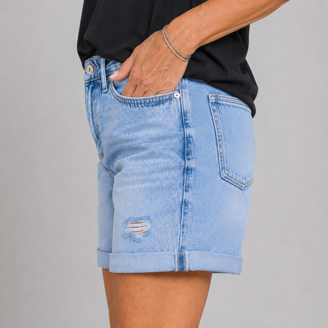 Women's High Waist Denim Shorts with Distressed Detail and Rolled Hem