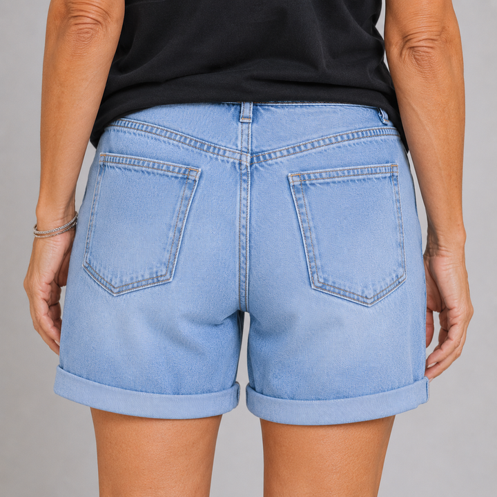 Women's High Waist Denim Shorts with Distressed Detail and Rolled Hem
